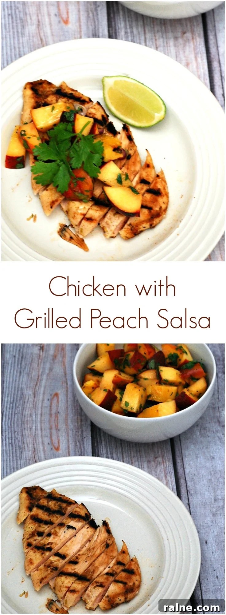 Grilled Peach Salsa Chicken Recipe for Summer BBQs 7 Grilled peach salsa adds a smoky sweet flavor to spiced chicken breasts. Use thin-sliced chicken breasts to cut down on cooking time. #CLBlogger