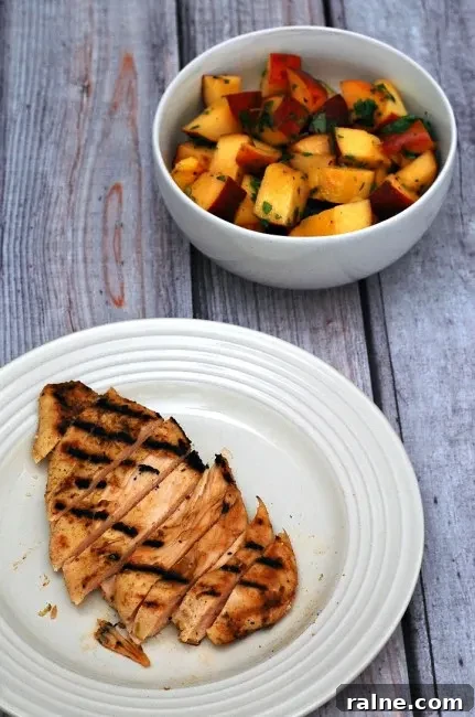 Grilled Peach Salsa Chicken Recipe for Summer BBQs 5 Grilled peach salsa adds a smoky sweet flavor to spiced chicken breasts. Use thin-sliced chicken breasts to cut down on cooking time. #CLBlogger