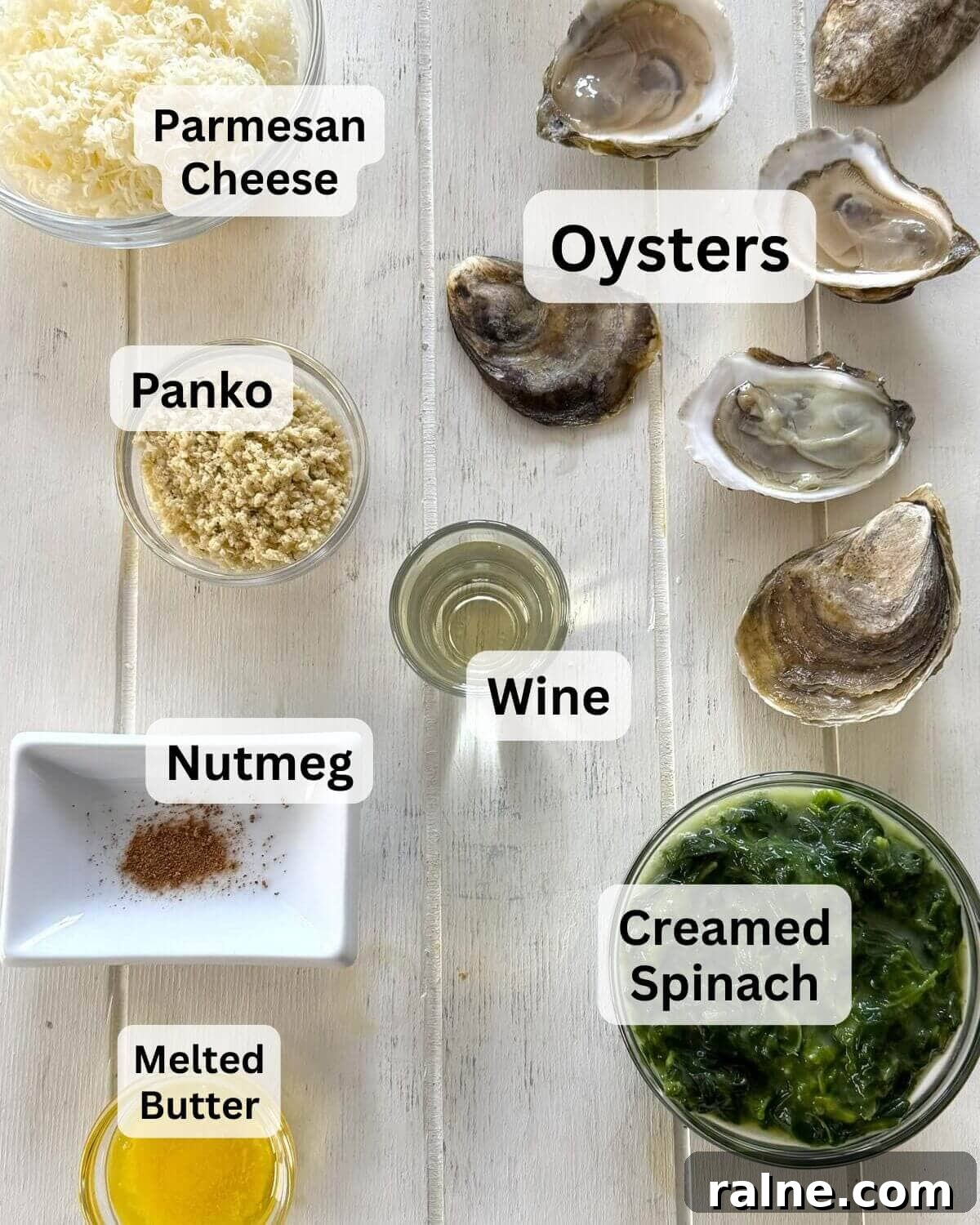 Oysters Rockefeller with Frozen Creamed Spinach: Quick Recipe 4 Oysters Rockefeller ingredients including shucked oysters, creamed spinach, Parmesan cheese, panko, melted butter, white wine, nutmeg.