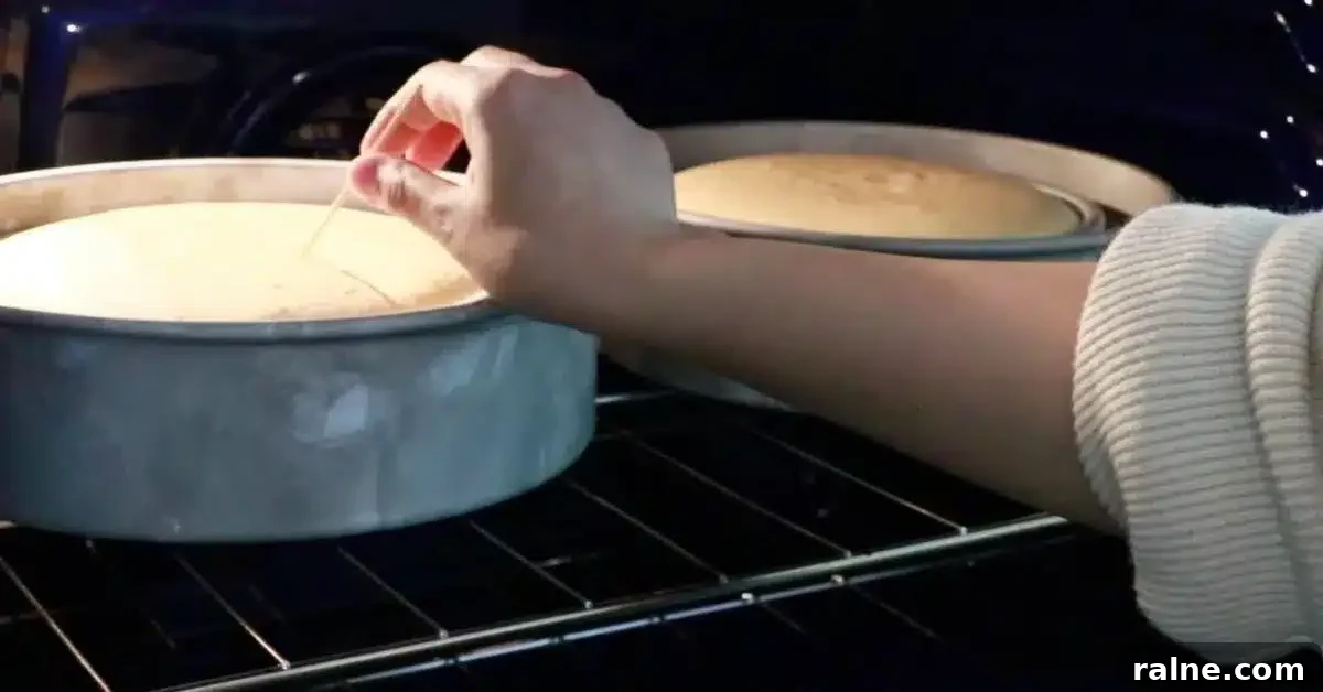 Decadent Strawberry Cream Layer Cake Recipe 13 inserting a toothpick into the cake to check if it is baked enough