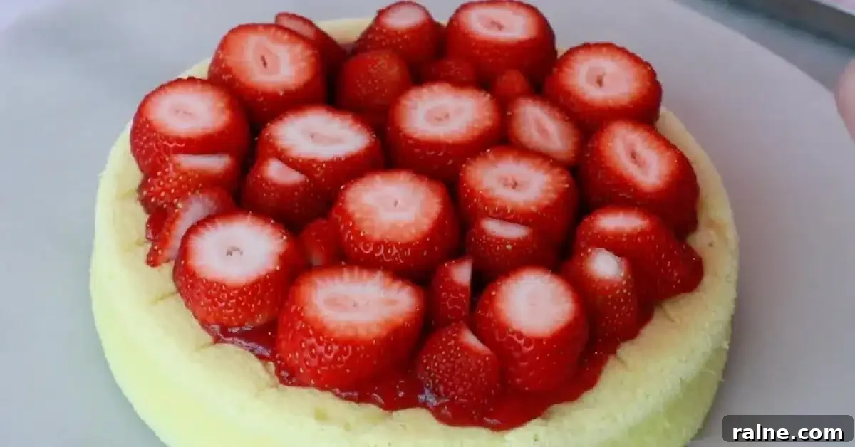 Decadent Strawberry Cream Layer Cake Recipe 19 fresh strawberries on strawberry jam spread on a sponge cake