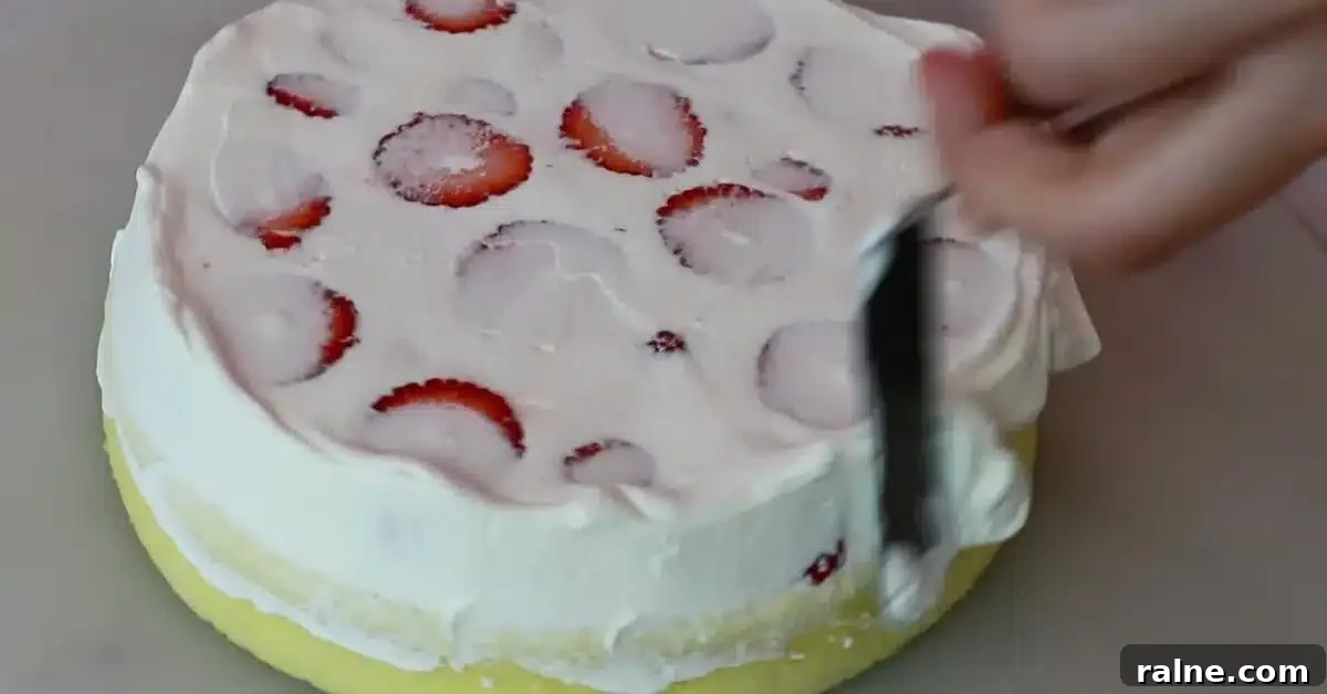 Decadent Strawberry Cream Layer Cake Recipe 21 frosting whipped cream over the sides of a sponge cake