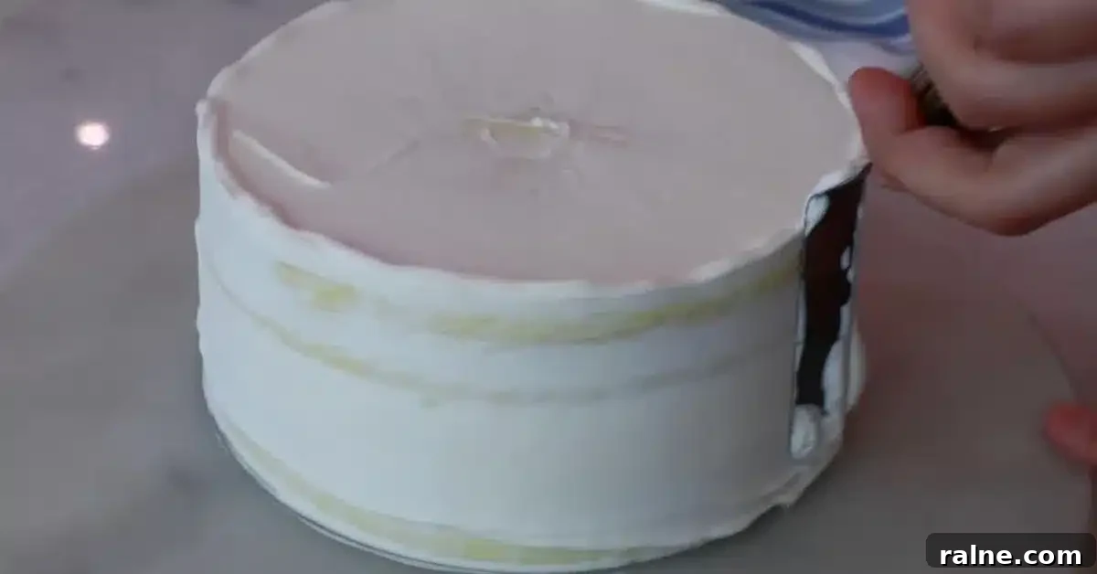 Decadent Strawberry Cream Layer Cake Recipe 23 crumb coating the sides of the chiffon cake to make strawberry cream cake