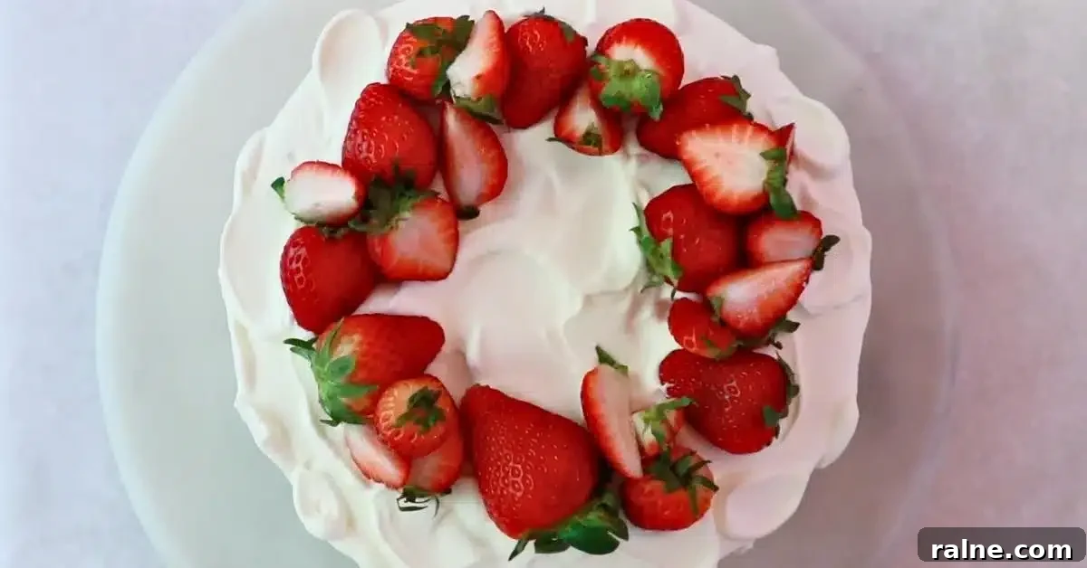 Decadent Strawberry Cream Layer Cake Recipe 25 a whole strawberry cream cake, a view from top