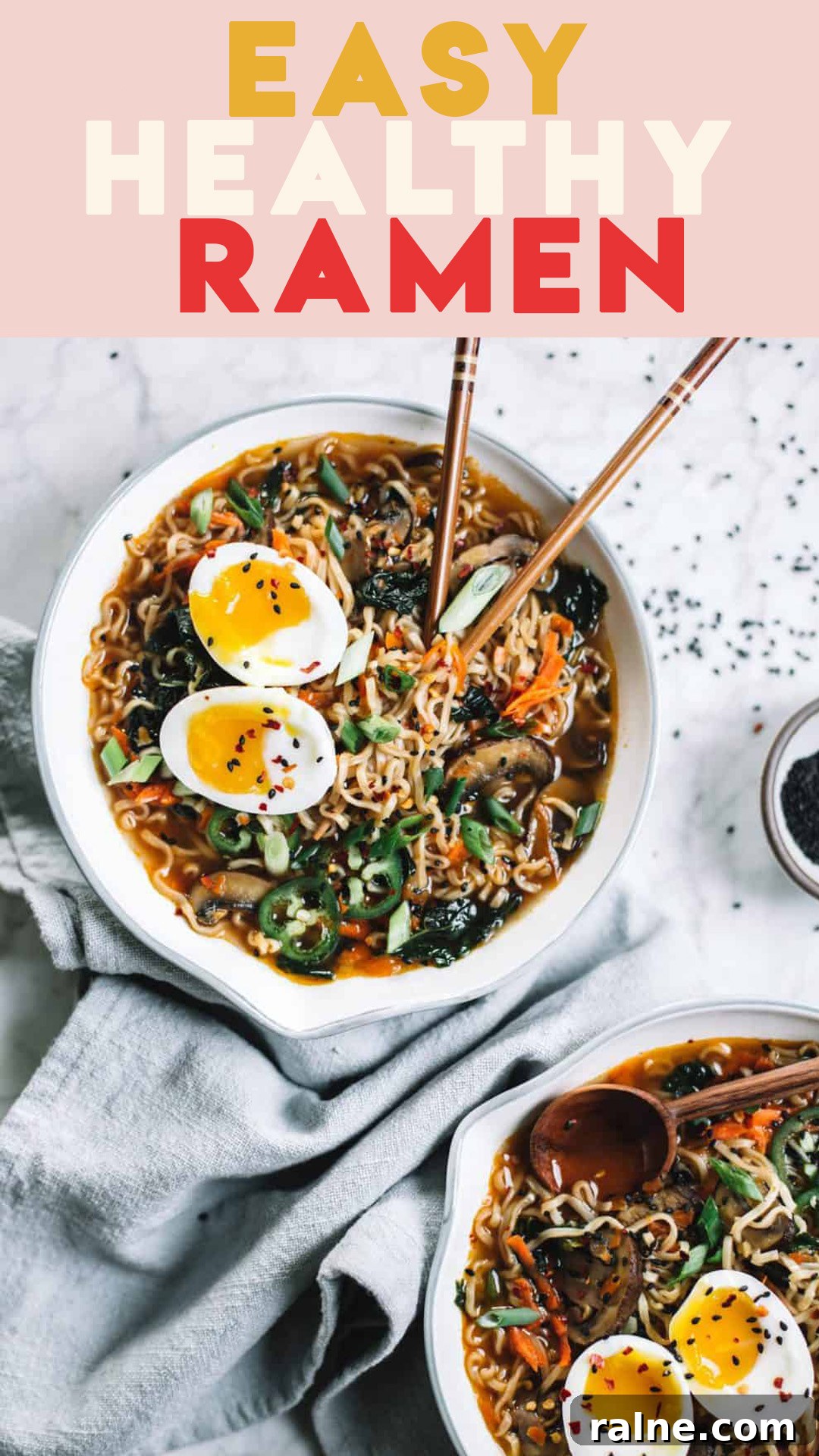 Easy homemade healthy ramen bowls topped with soft boiled eggs, jalapeños and sesame seeds.