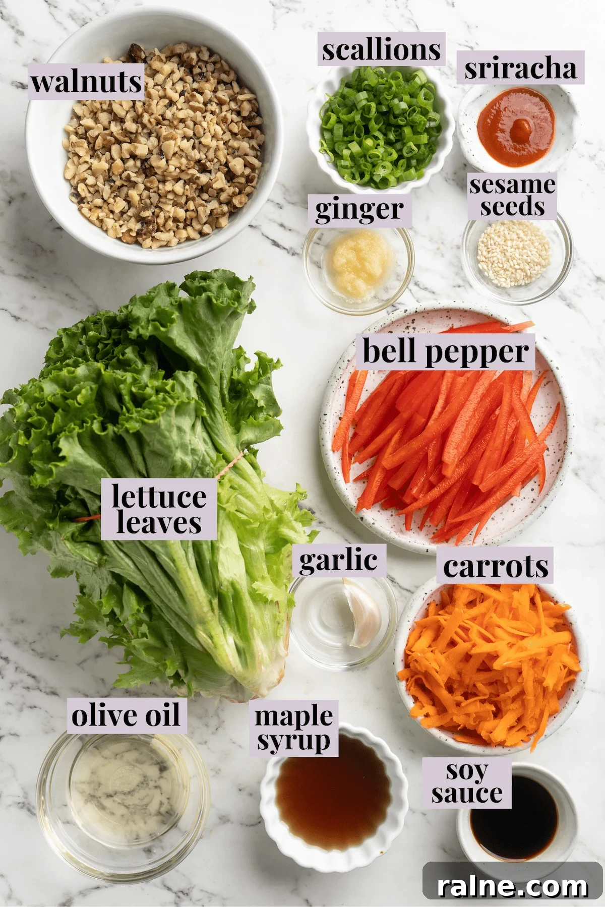 Whether you’re looking for a no-cook dinner or something light and refreshing, you’re going to love these easy Asian-inspired lettuce wraps! Overhead view of ingredients for lettuce wraps with labels