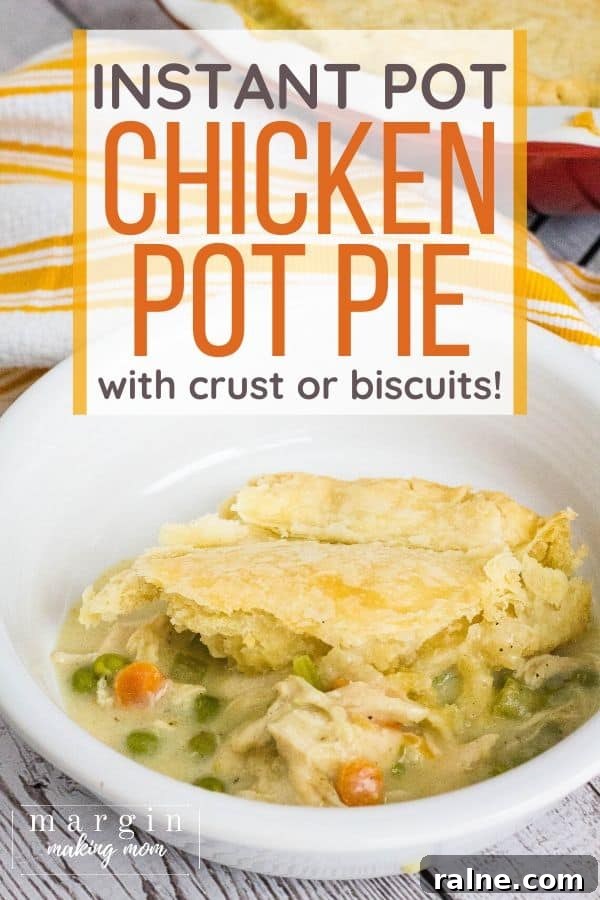 Instant Pot Chicken Pot Pie with Pie Crust or Biscuit Topping 2 white bowl with a serving of Instant Pot chicken pot pie topped with pie crust