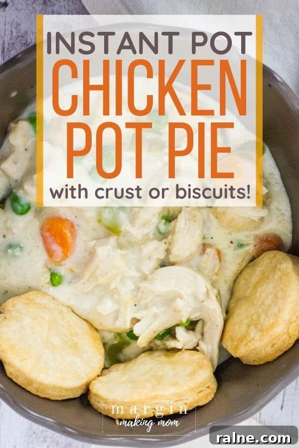 Instant Pot Chicken Pot Pie with Pie Crust or Biscuit Topping 11 chicken pot pie filling cooked in the Instant Pot is served in a brown bowl with biscuits