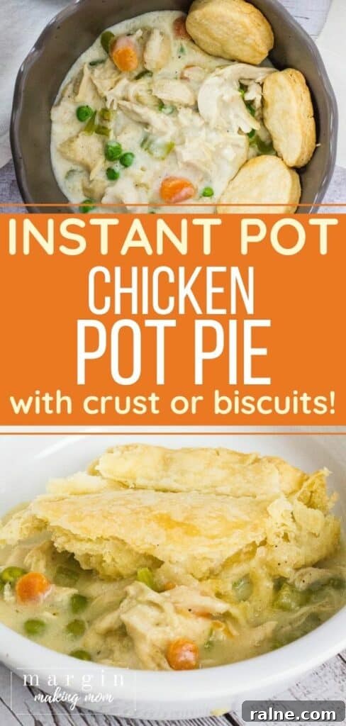 Instant Pot Chicken Pot Pie with Pie Crust or Biscuit Topping 12 Instant Pot chicken pot pie served two ways--in a brown bowl with biscuits and in a white bowl topped with pie crust