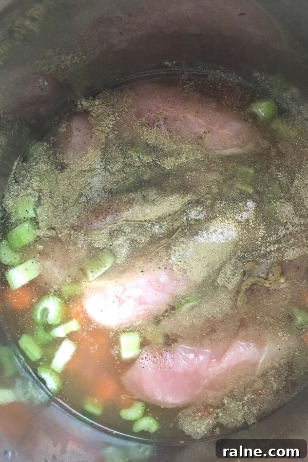 Instant Pot Chicken Pot Pie with Pie Crust or Biscuit Topping 6 ingredients for making chicken pot pie in the Instant Pot, combined together in the insert pot.