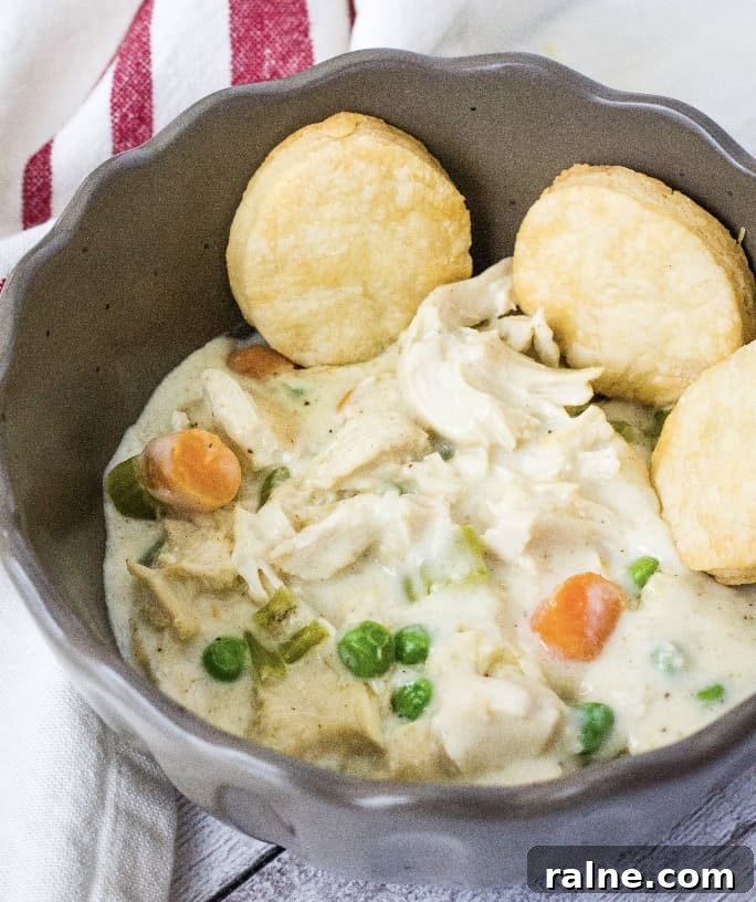 Instant Pot chicken pot pie filling in a brown bowl, served with biscuits