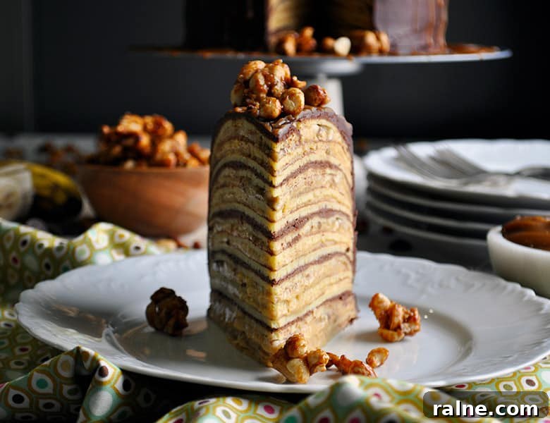 Banana Split Crepe Cake Recipe with Creamy Banana and Chocolate Layers 7 Bananan Split Crepe Cake | low sugar cake | ofbatteranddough.com