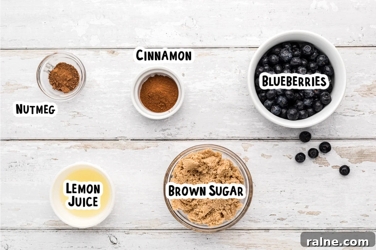 How to Make Homemade Blueberry Butter (Smooth & Spreadable) 3 Ingredients for blueberry butter on a table.