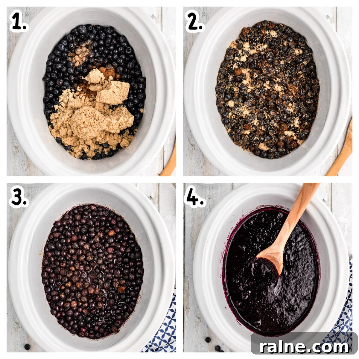 How to Make Homemade Blueberry Butter (Smooth & Spreadable) 4 Four images showing how to make blueberry butter in a crockpot.