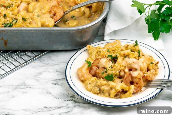 Creamy Baked Shrimp Mac and Cheese Casserole 3 Baked Shrimp Macaroni and Cheese in a metal pan and a plate also
