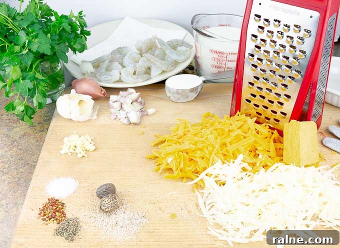 Creamy Baked Shrimp Mac and Cheese Casserole 4 ingredients for Baked Shrimp Macaroni and Cheese on a wooden board