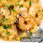 Creamy Baked Shrimp Mac and Cheese Casserole 9 close up of Baked Shrimp Macaroni and Cheese