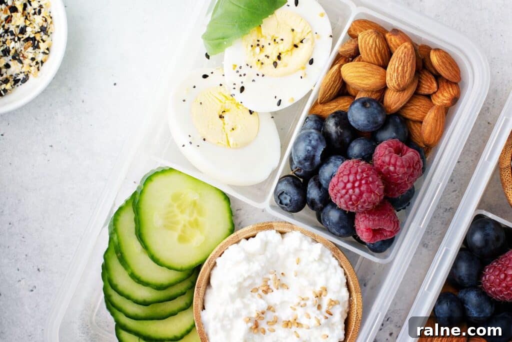 Nutri-Grain Bars: A Dietitian’s Honest Review of Nutrition 4 A snack box with berries, nuts, hard boiled egg, cucumber and cottage cheese.
