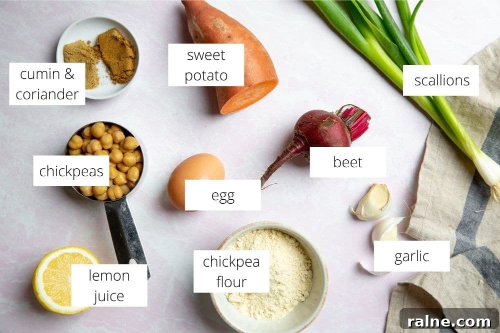 The ingredients for the gluten free veggie burger recipe arranged on a work surface with labels.