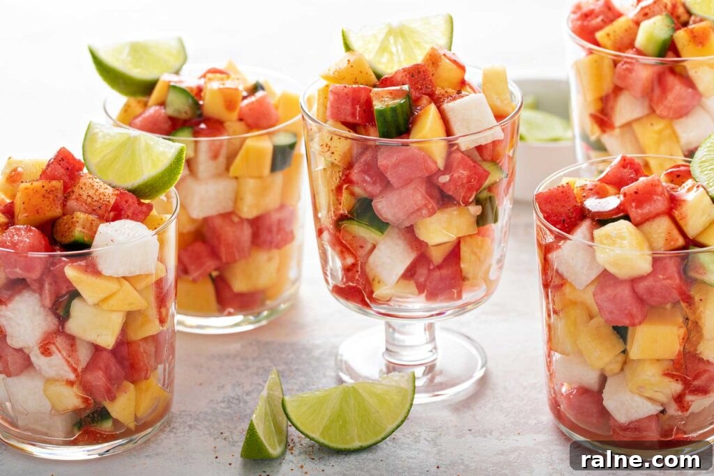 Authentic Mexican Fruit Cups (Vasos de Fruta) — Street Snack Recipe 7 Several cups filled with chopped fruit, garnished with lime wedges