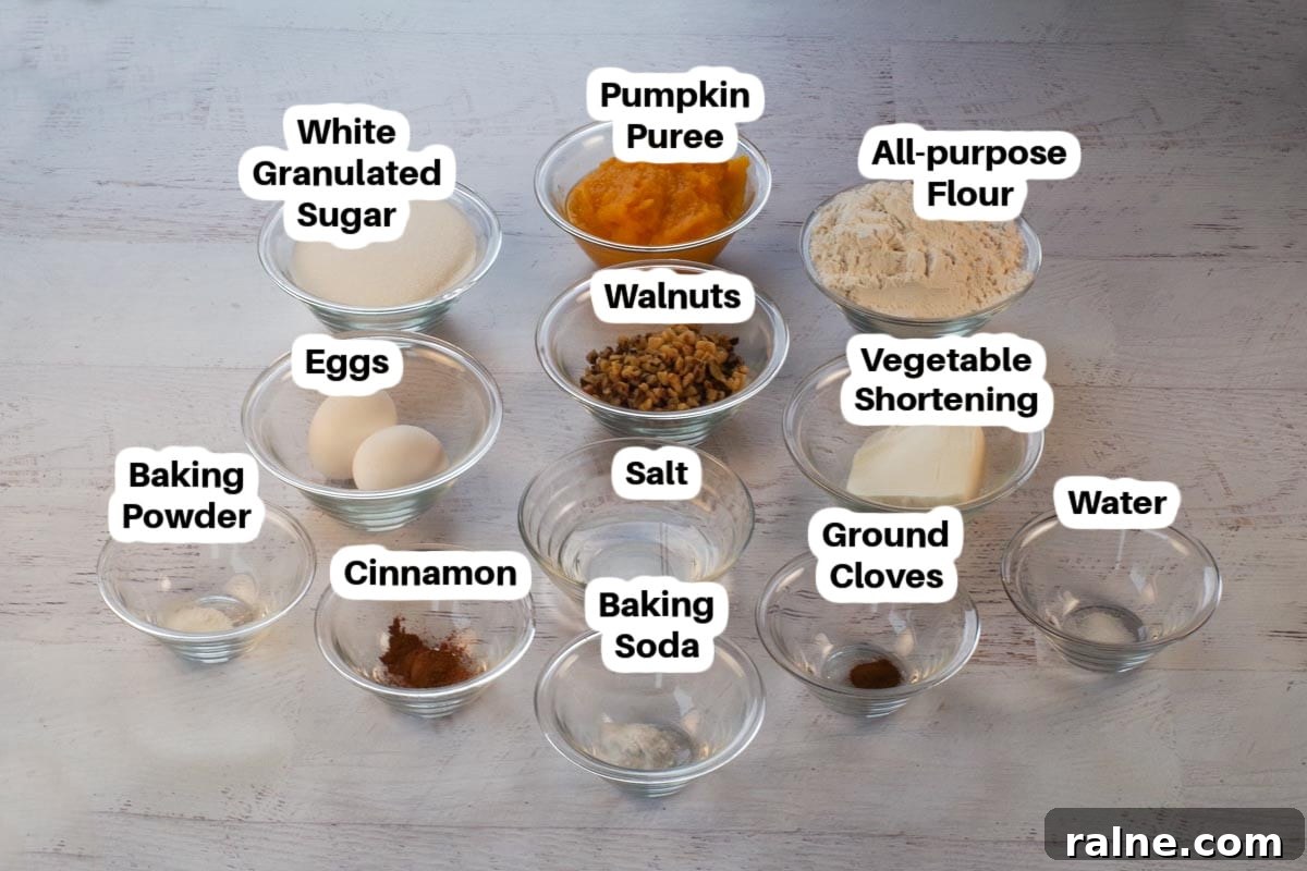 Dairy-Free Pumpkin Walnut Bread Recipe 3 Ingredients in Dairy-free Pumpkin Bread in glass bowls, labelled.