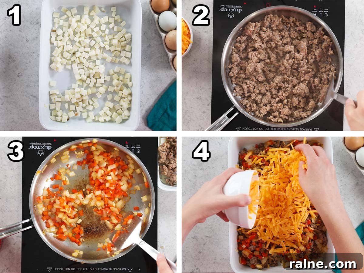 Hearty Breakfast Casserole Recipe for Busy Mornings 5 Four photos showing add-ins for a breakfast casserole being prepared.