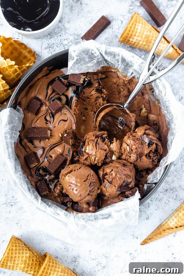 No-Churn Kit Kat Ice Cream no-churn chocolate ice cream loaded with chopped kit-kats and swirled with hot fudge sauce