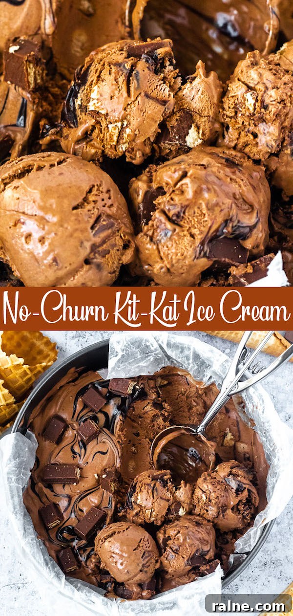 No-Churn Kit Kat Ice Cream no-churn chocolate ice cream loaded with chopped kit-kats and swirled with hot fudge sauce