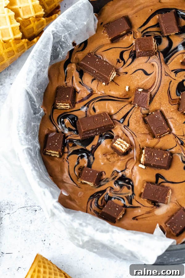 No-Churn Kit Kat Ice Cream no-churn chocolate ice cream loaded with chopped kit-kats and swirled with hot fudge sauce