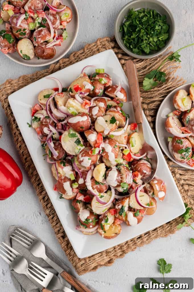 Creamy Red Potato Salad with Fresh Herbs and Dijon Dressing 2 White dish filled with creamy potato salad.