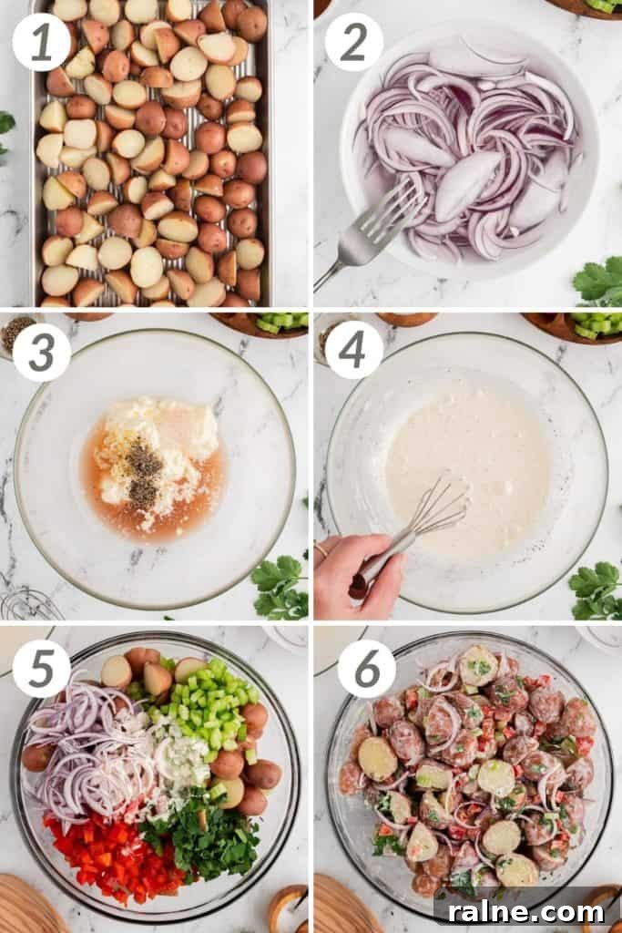 Creamy Red Potato Salad with Fresh Herbs and Dijon Dressing 3 Collage showing how to make red potato salad.