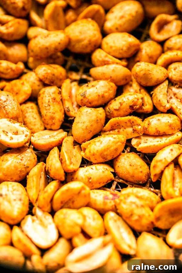 Crispy Homemade Air-Fried Peanuts Recipe 5 Close up of roasted Air Fryer peanuts. The peanuts are golden brown and crunchy and topped with taco seasoning.