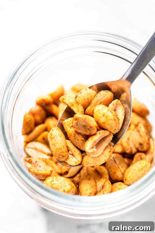 Crispy Homemade Air-Fried Peanuts Recipe 8 Close up of roasted Air Fryer peanuts in a glass jar with a spoon. Looks very tasty.