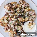 Sumac cauliflower with tahini sauce drizzled and served on the side.