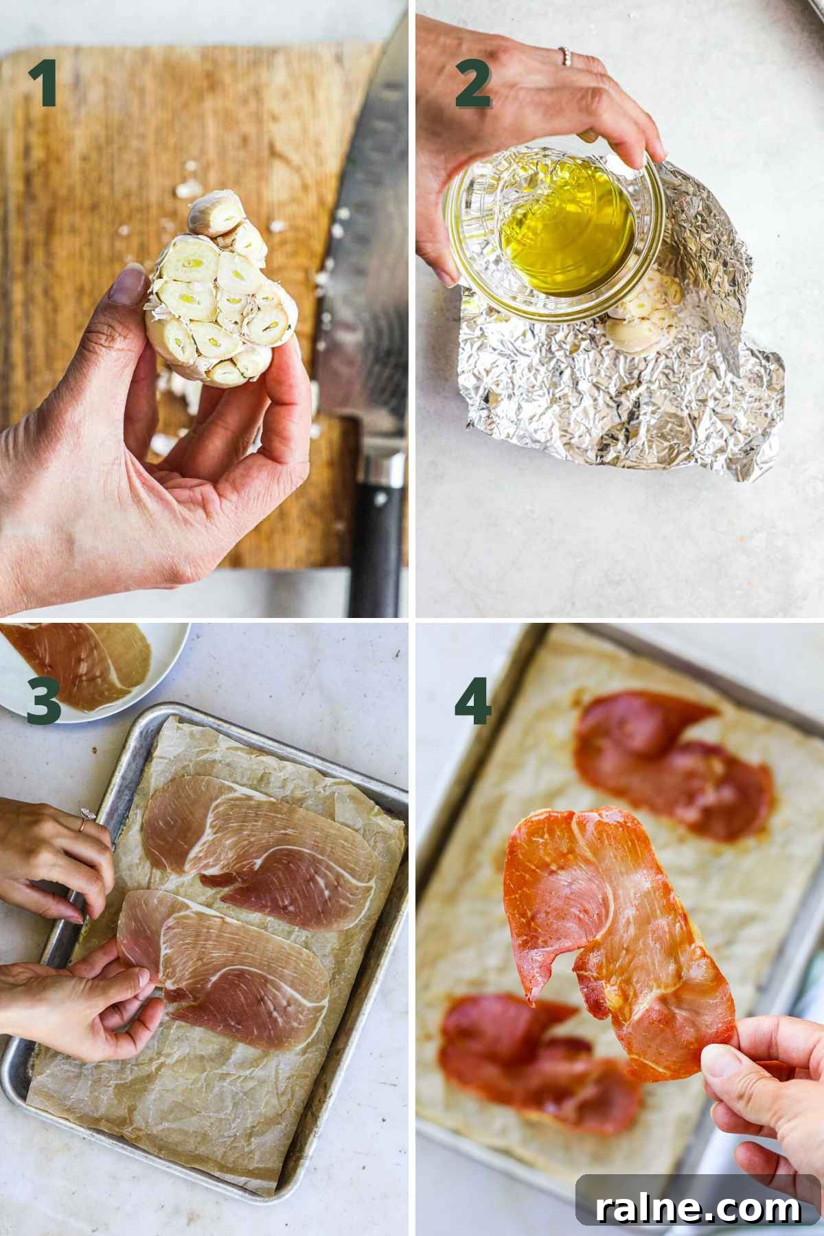 Steps to make twice-cooked mashed potatoes, cutting garlic, drizzling with olive oil, baking; placing prosciutto on baking tray and baking until crispy.