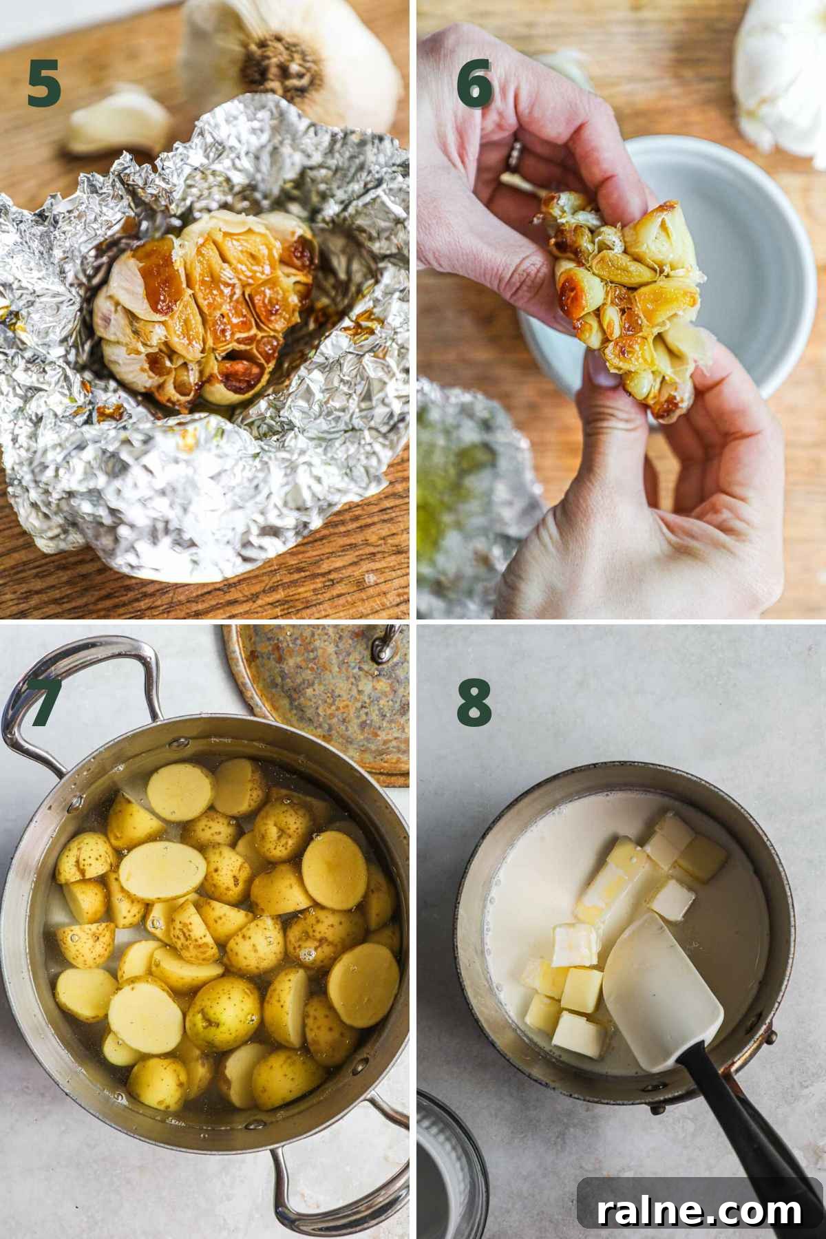 Steps to make twice-cooked mashed potatoes, removing roasted garlic from garlic bulb paper; boil yukon potatoes; heat cream and butter in a saucepan.