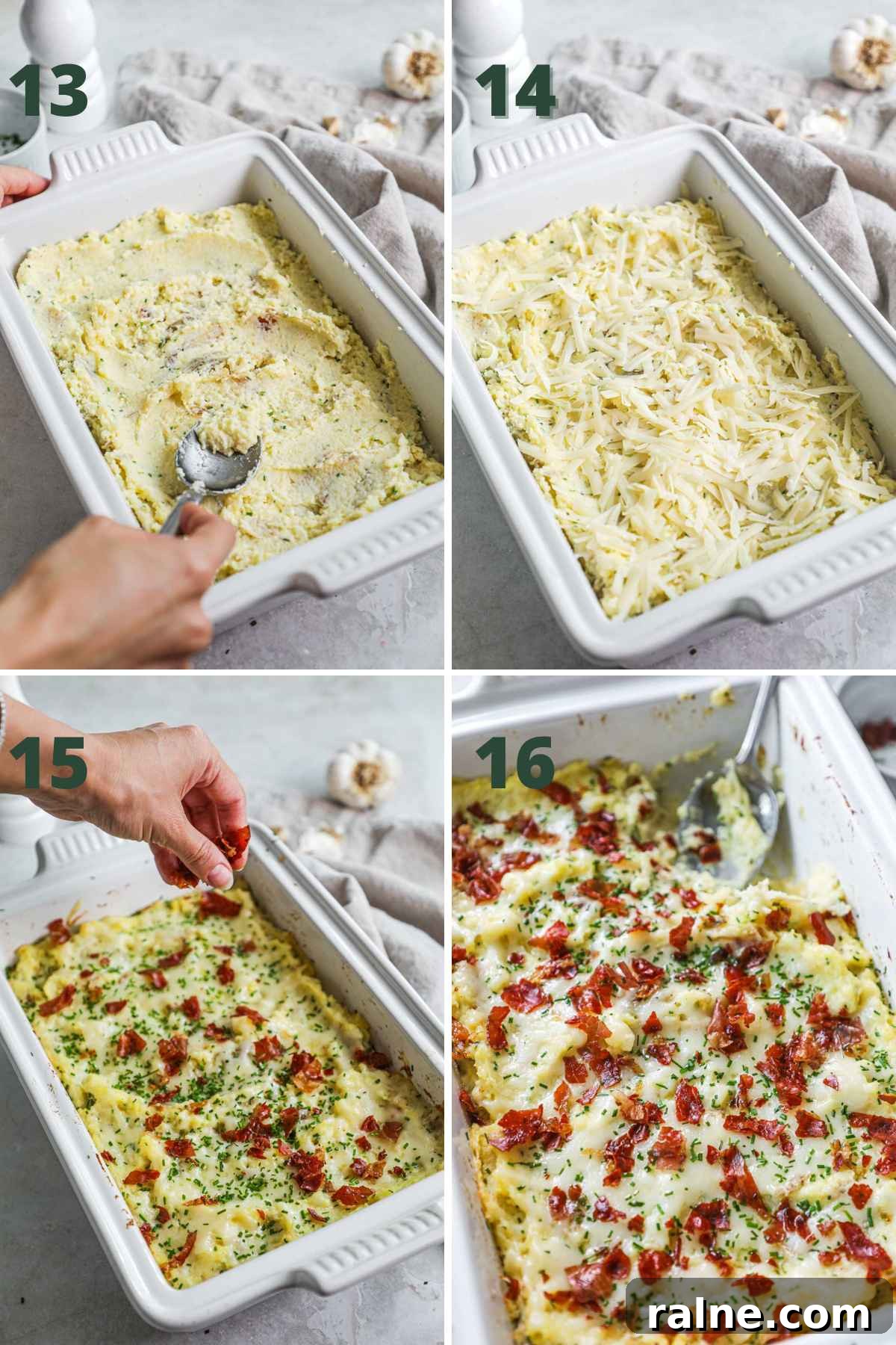 Steps to make twice-baked mashed potatoes, smooth out potatoes; sprinkle with gruyere; bake; top with crispy prosciutto and chives; serve.