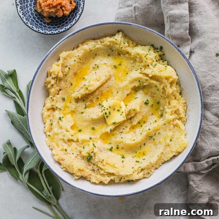 Creamy, fluffy miso mashed potatoes with miso sage butter.
