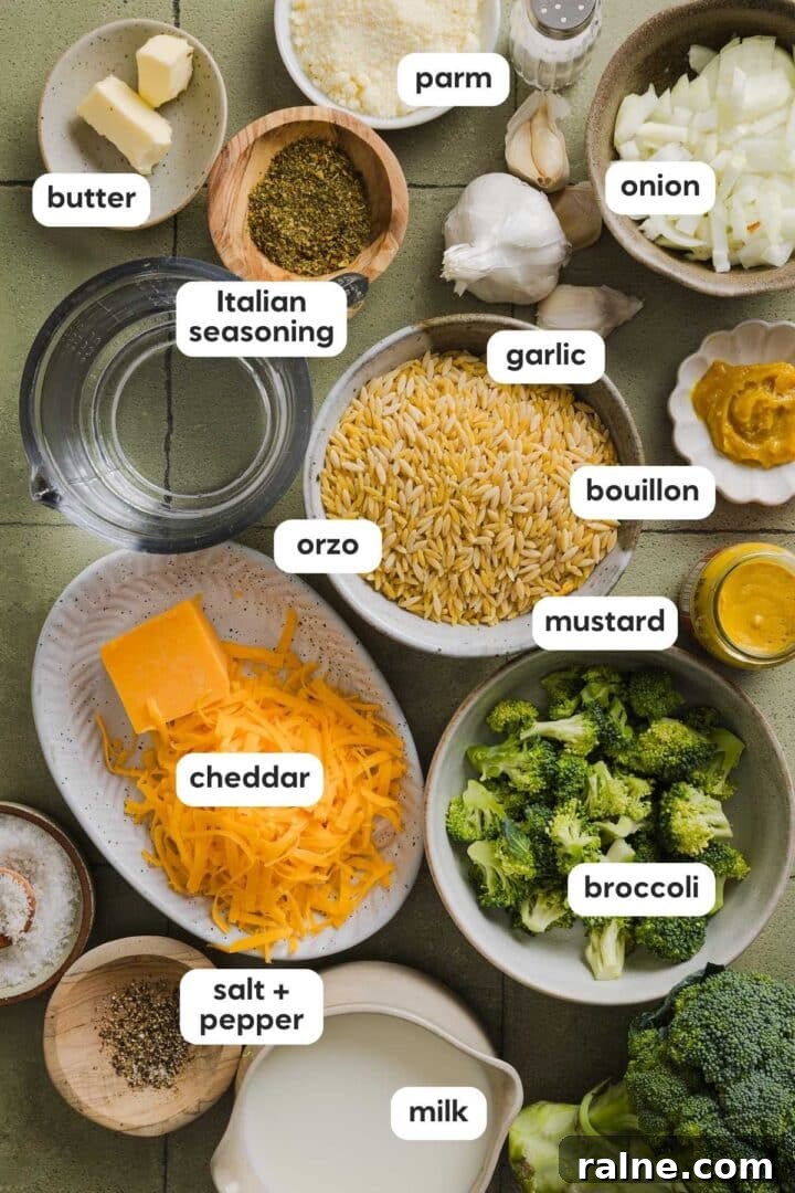 Creamy Broccoli Cheddar Orzo Bake with Parmesan Crust 3 Ingredients for broccoli cheddar orzo in small bowls on a kitchen counter.