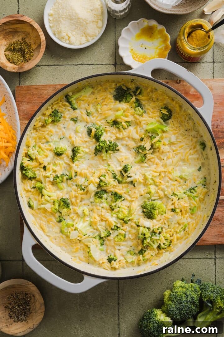 Creamy Broccoli Cheddar Orzo Bake with Parmesan Crust 6 Broccoli cheddar orzo simmering in a braiser pan.