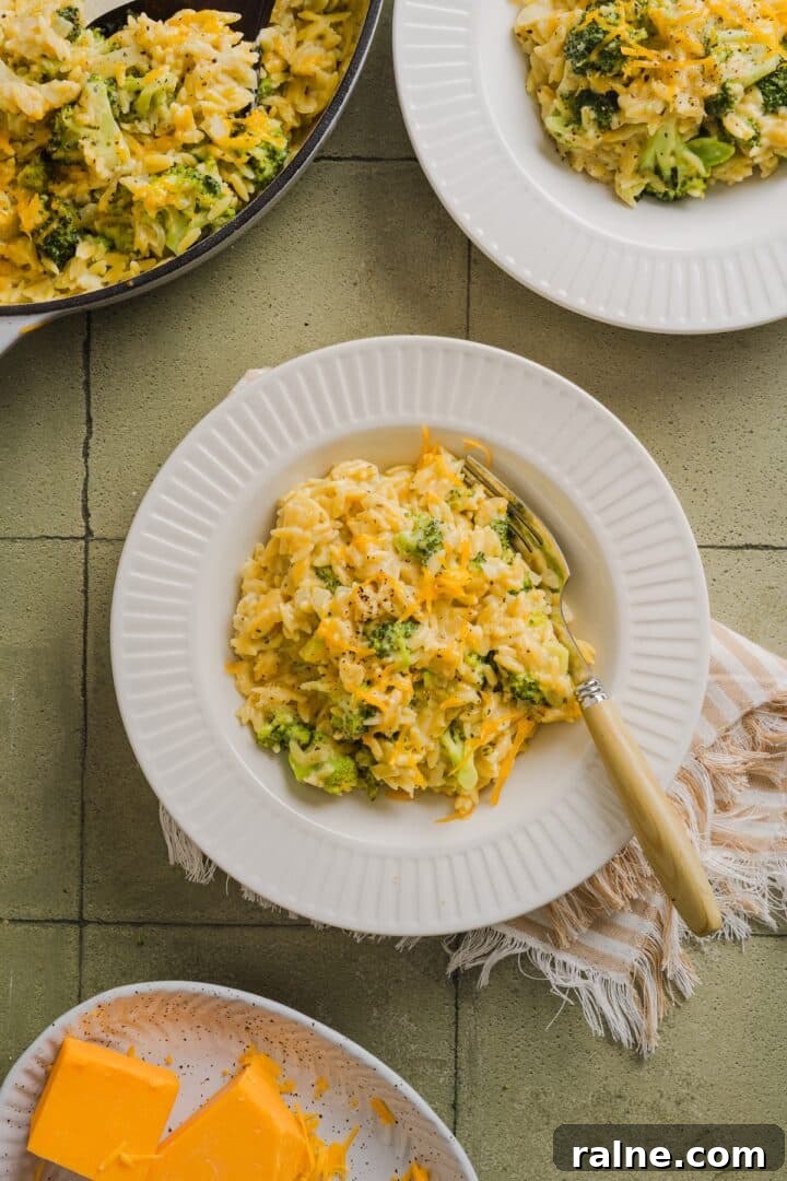 Creamy Broccoli Cheddar Orzo Bake with Parmesan Crust 8 Broccoli cheddar orzo in a small white bowl on a green tile counter top.