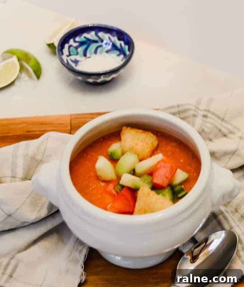 Authentic Gazpacho: Refreshing Cold Spanish Tomato Soup 4 bowl of red Gazpacho Spanish soup topped with cucumber, peppers and croutons