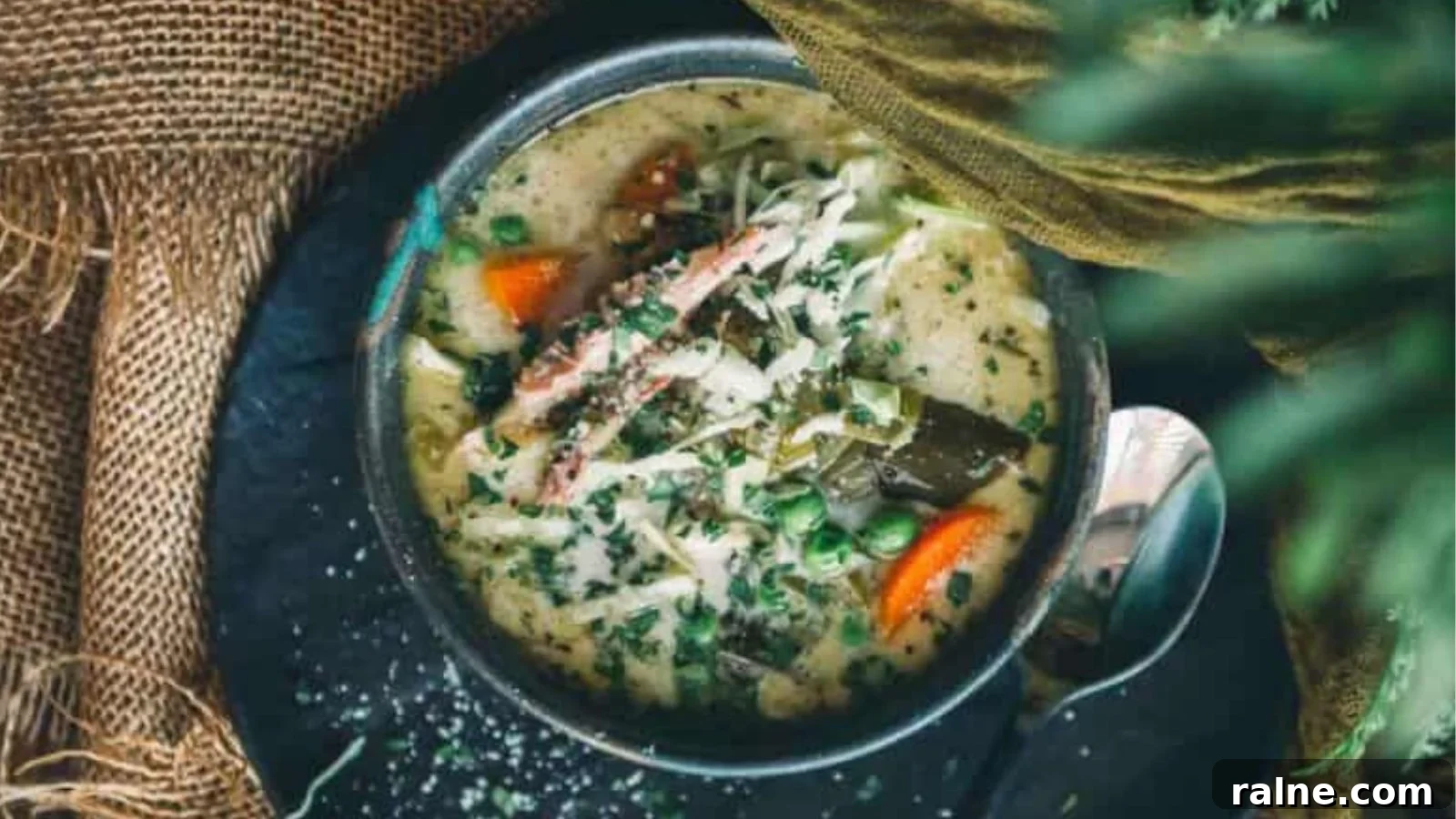 17 Comforting Soup Recipes for Quiet Evenings 5 Turkey carcass soup simmering with vegetables and shredded turkey pieces in broth.