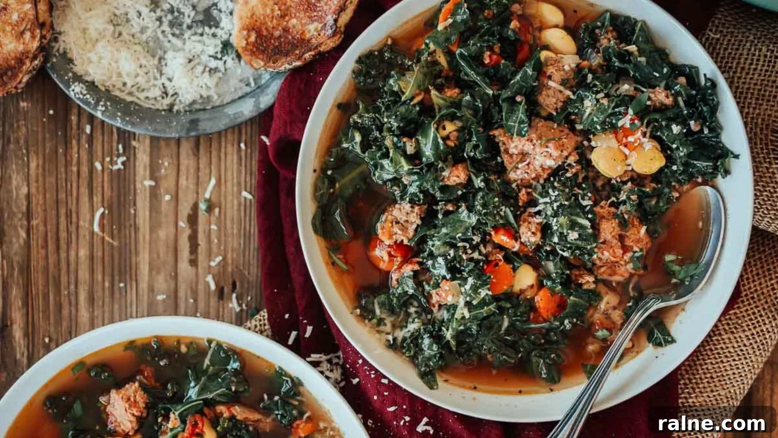 17 Comforting Soup Recipes for Quiet Evenings 8 Kale and sausage soup with hearty greens and sliced sausage in a steaming bowl.