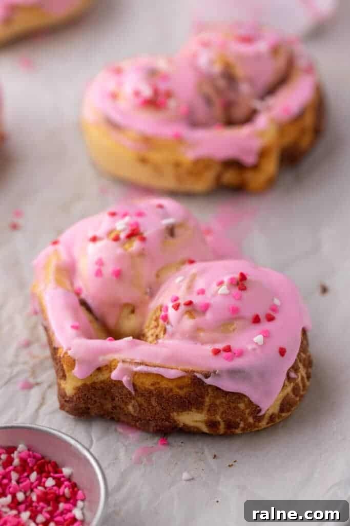 Close-up of heart-shaped cinnamon roll with pink frosting and sprinkles