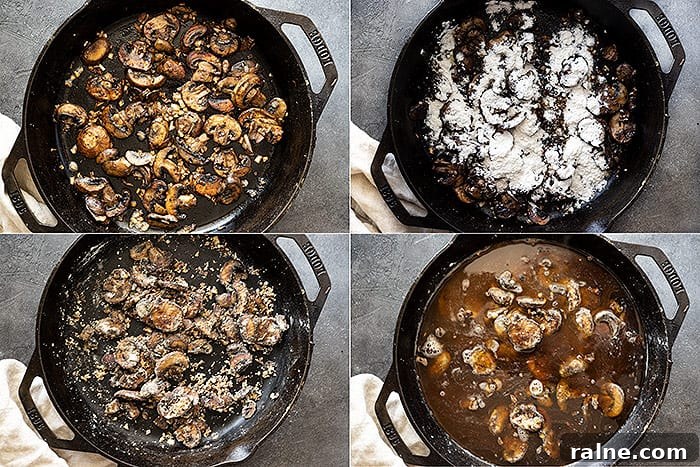 Creamy Mushroom Gravy Recipe for Roasts and Mashed Potatoes 4 Four pictures showing how to make easy mushroom gravy.