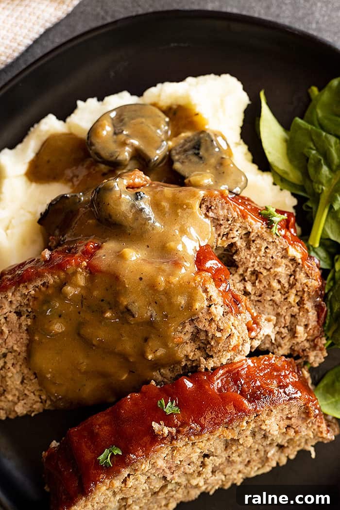 Creamy Mushroom Gravy Recipe for Roasts and Mashed Potatoes 7 Mushroom gravy poured over meatloaf and mashed potatoes.