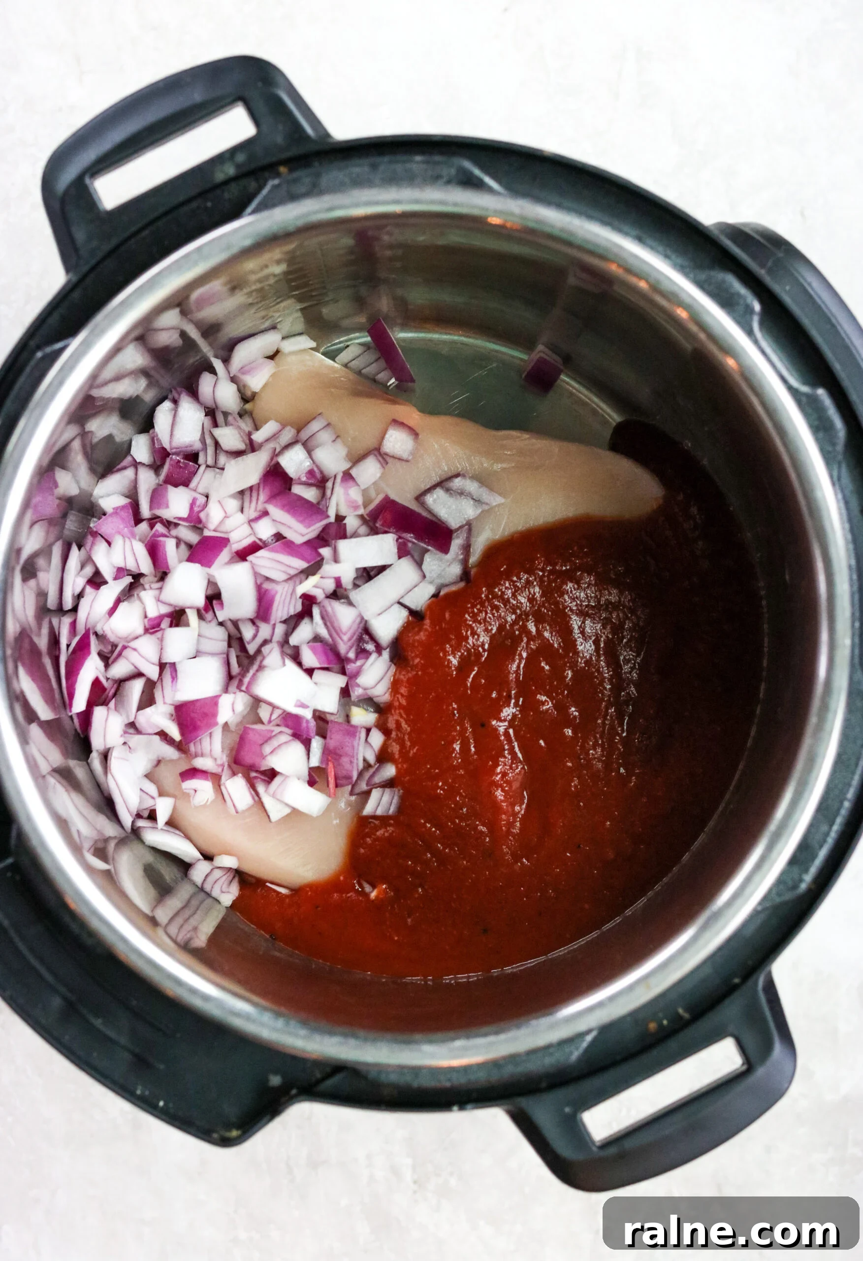 Instant Pot BBQ Chicken Bowls with Tangy Coleslaw Recipe 4 red onions, whole30 bbq sauce, and skinless boneless chicken breasts in an instant pot