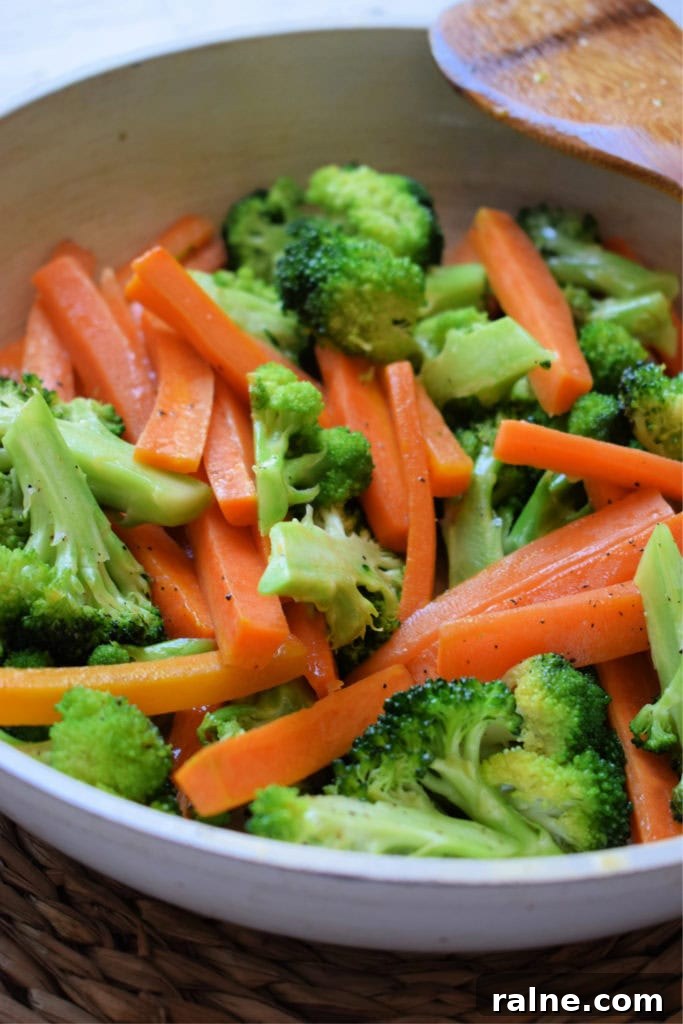 Butter-Sautéed Broccoli and Carrots Recipe for Flavorful Sides 3 Butter Sauteed Broccoli & Carrots in a serving dish
