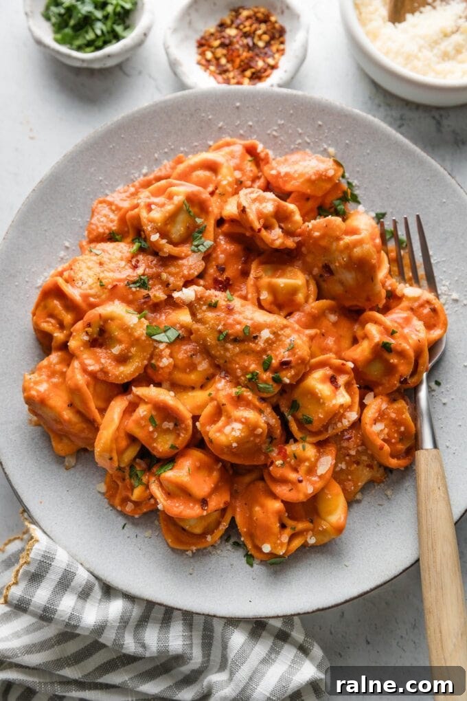 One-Pan Italian Chicken and Tortellini Skillet Meal 4 Overhead view of a dinner plate loaded with Italian chicken and tortellini in a homemade tomato cream sauce.